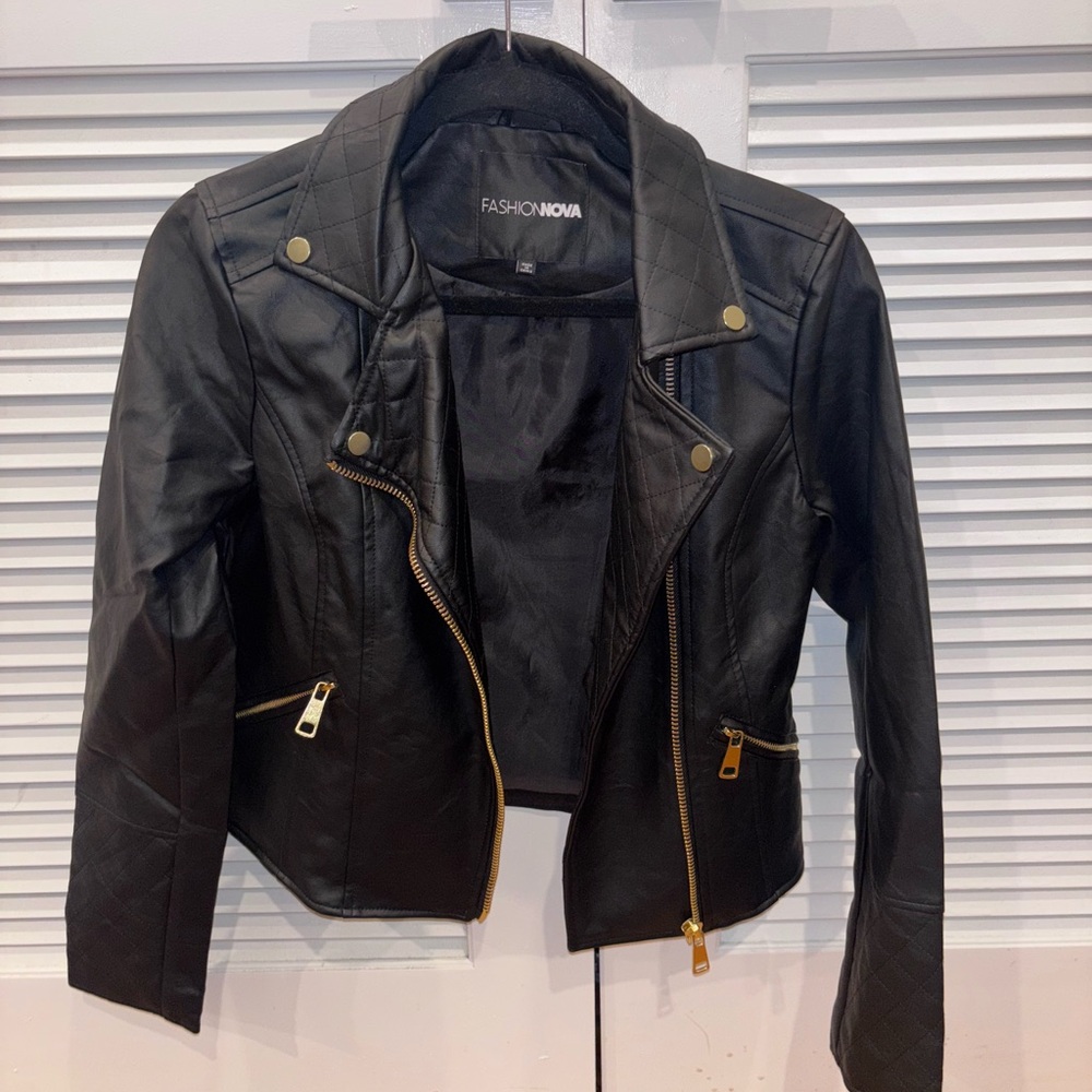 Fashion Nova Black Leather Jacket with Gold Hardware